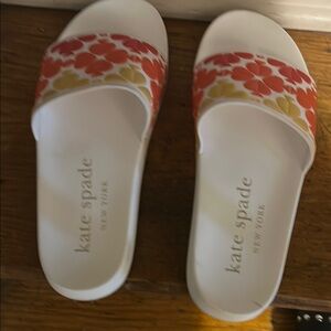 Kate Spade White Slides with Red and Yellow Floral Design